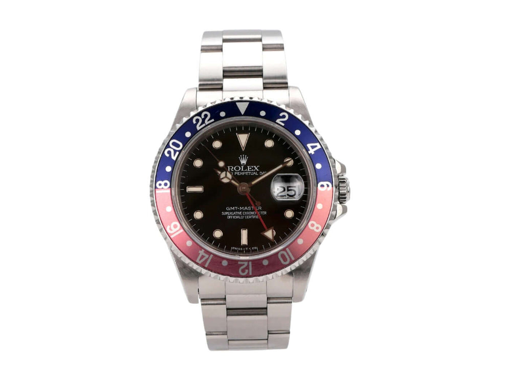 Rolex GMT-Master 16700 mit schwarzem Zifferblatt und Edelstahl Armband, Gehäusedurchmesser 40 mm, gefertigt 1996.