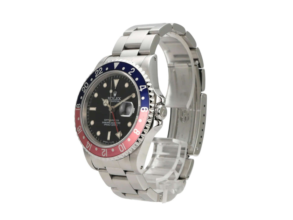 Rolex GMT-Master 16700 mit schwarzem Zifferblatt, Edelstahl-Gehäuse und drehbarer Lünette aus 1996.