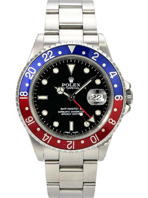 Rolex GMT-Master II Ref. 16710 Pepsi mit schwarzem Zifferblatt und Edelstahlarmband, rot-blauer Lünette.