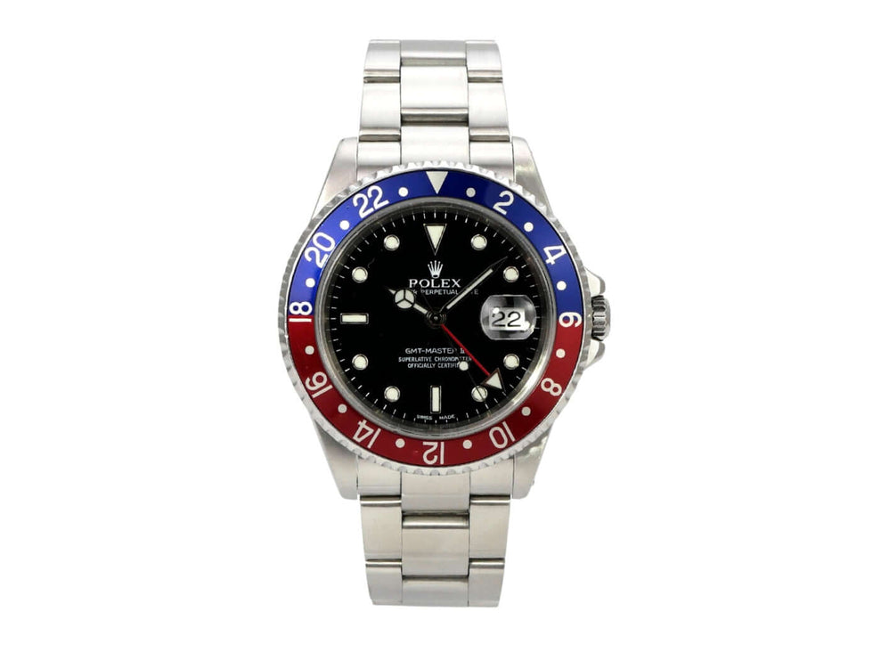 Rolex GMT-Master II Ref. 16710 Pepsi mit Edelstahl-Gehäuse, schwarzem Zifferblatt und drehbarer Lünette.