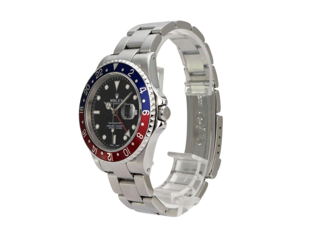 Rolex GMT-Master II Ref. 16710 Pepsi Uhr mit Edelstahlarmband und drehbarer Lünette, schwarzes Zifferblatt, 2003 Modell.