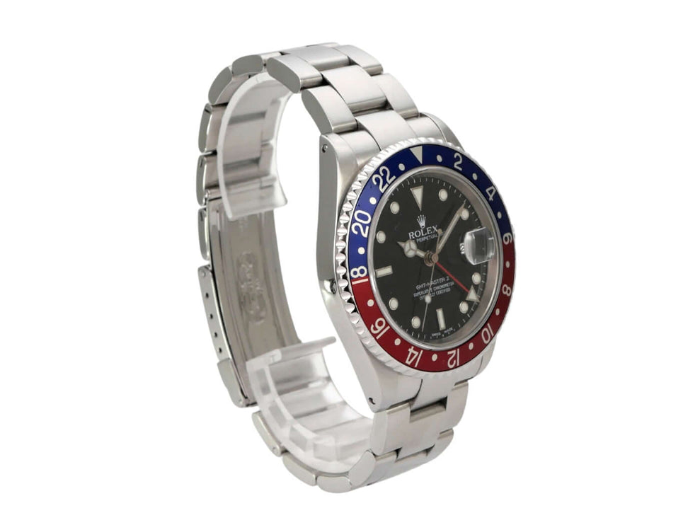Rolex GMT-Master II Ref. 16710 Pepsi mit Edelstahlgehäuse, schwarzem Zifferblatt und rot-blauer Lünette.