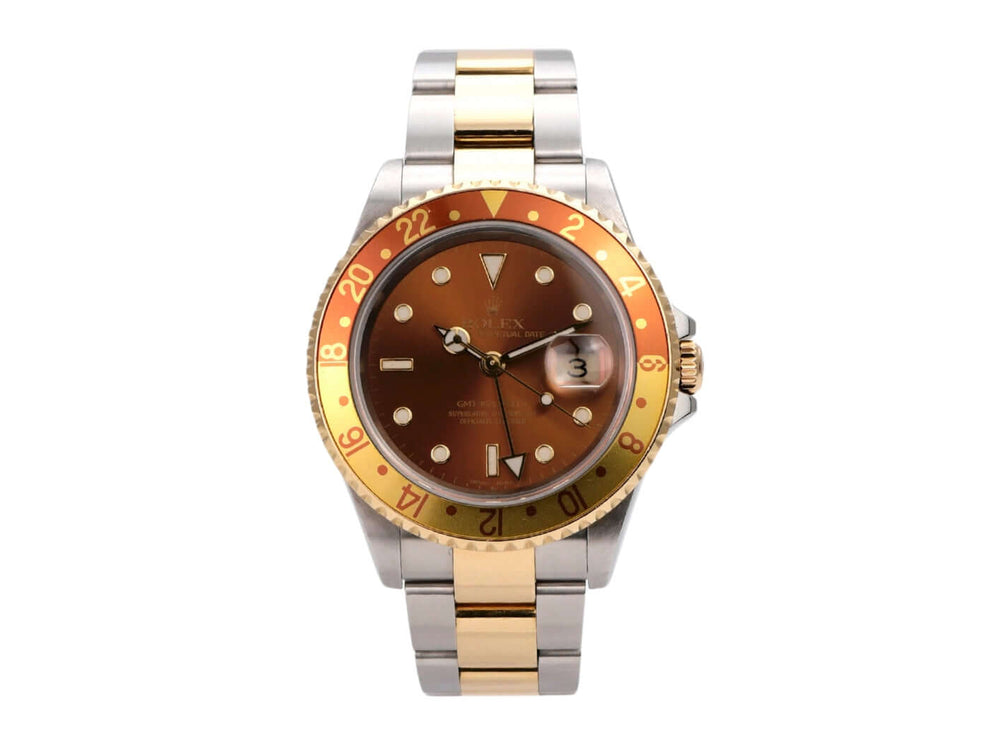 Rolex GMT-Master II Edelstahl Gelbgold 16713 mit braunem Zifferblatt und 18 kt Gelbgold-Lünette.
