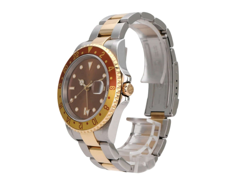 Rolex GMT-Master II Edelstahl Gelbgold 16713 mit braunem Zifferblatt und 24 Stunden Skala, poliert, 2005 Modell.