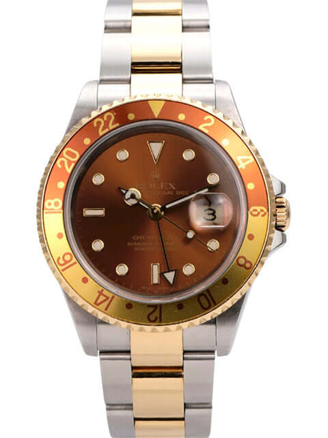 Rolex GMT-Master II Edelstahl Gelbgold 16713 mit braunem Zifferblatt und drehbarer Lünette.