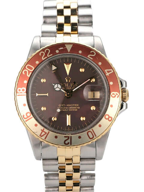 Rolex GMT-Master Ref. 1675/3 Nipple Dial mit Edelstahl und Gelbgold, braunem Zifferblatt und drehbarer Lünette.