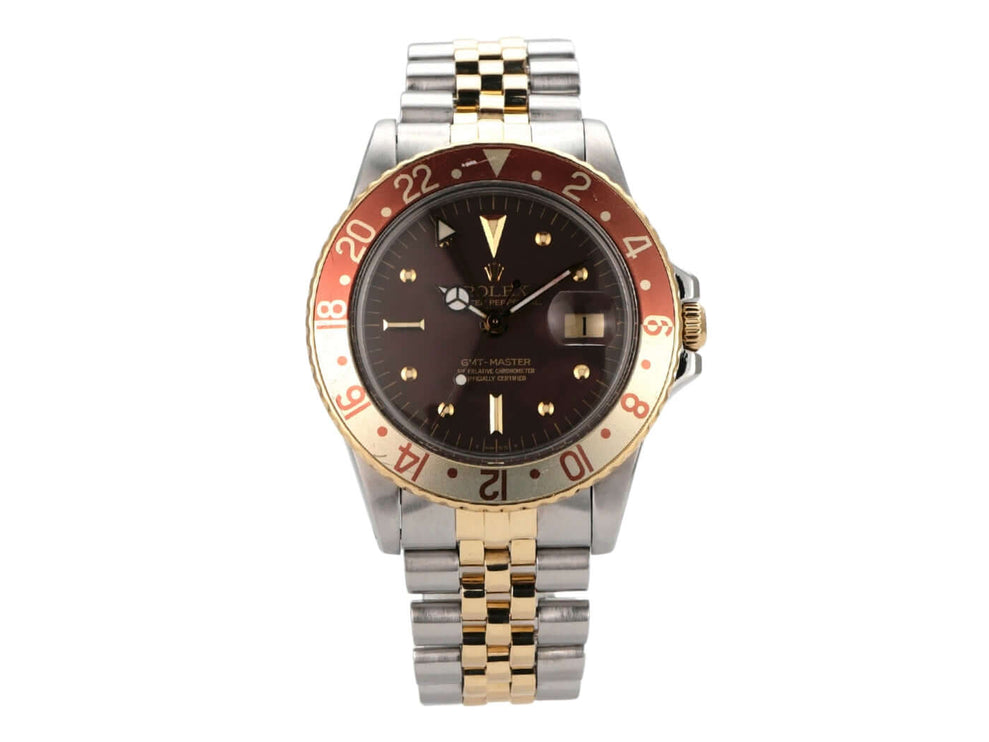 Rolex GMT-Master Ref. 1675/3 Nipple Dial mit braunem Zifferblatt und Edelstahl/Gelbgold-Armband.