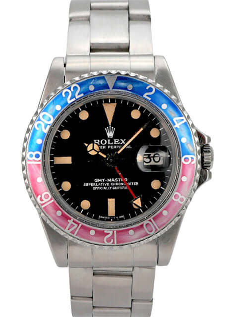 Rolex GMT Master Pepsi Ref. 1675 mit schwarzem Zifferblatt und blau-roter Lünette, Edelstahlarmband.