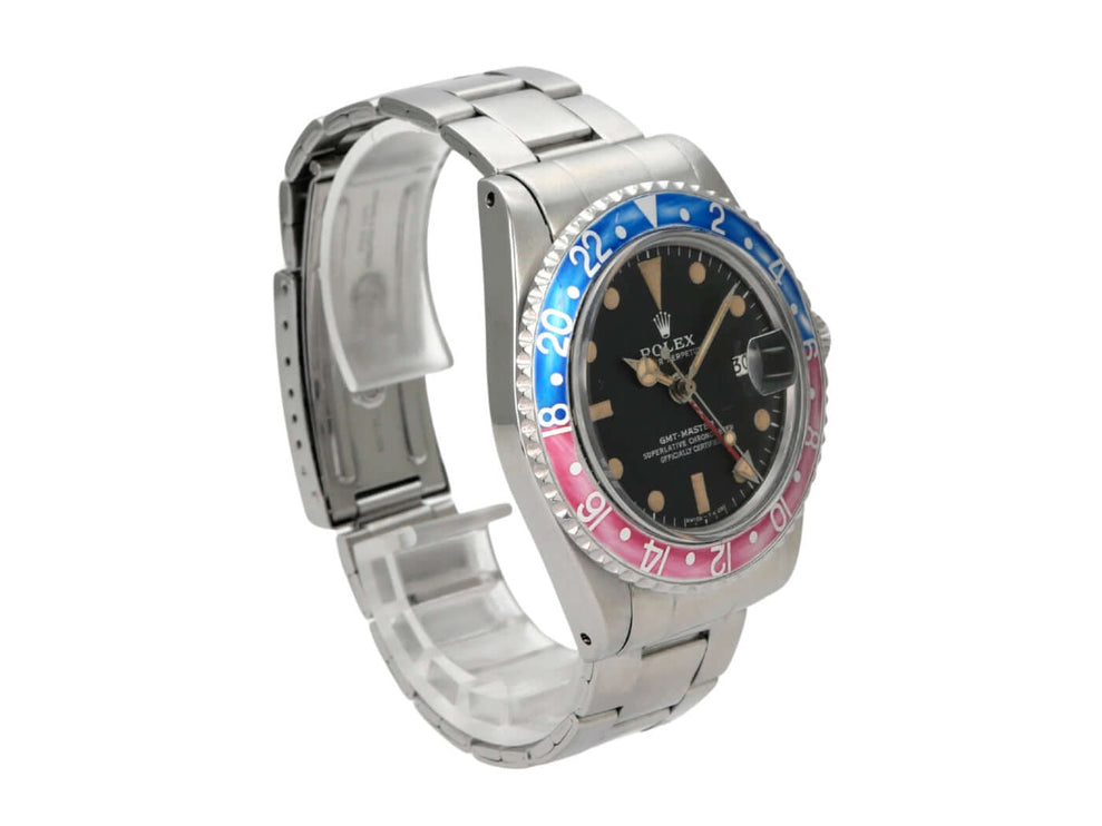 Rolex GMT Master Pepsi Ref. 1675 mit Edelstahlarmband und blau-roter Lünette, schwarzes Zifferblatt, Automatikwerk.