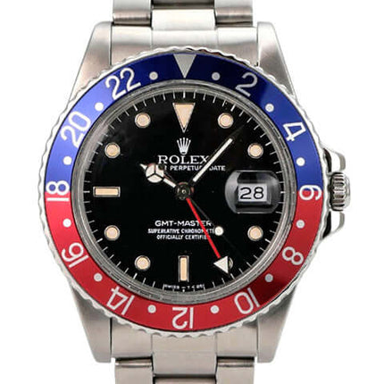 Rolex GMT Master Pepsi Ref. 16750 mit schwarzem Zifferblatt, blau-roter Lünette und Edelstahl-Oysterband
