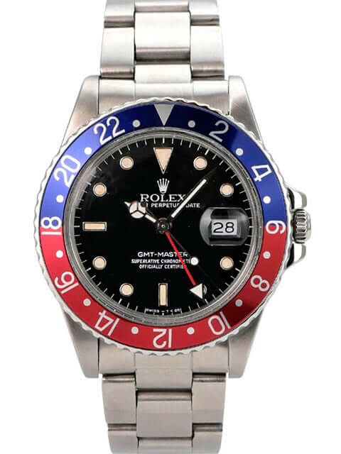 Rolex GMT Master Pepsi Ref. 16750 mit schwarzem Zifferblatt, blau-roter Lünette und Edelstahl-Oysterband