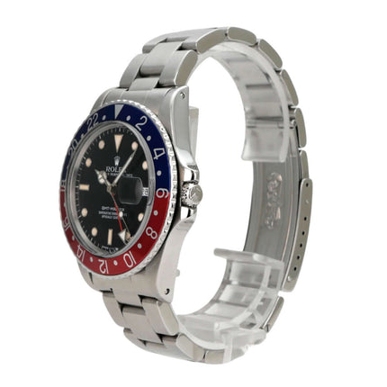 Rolex GMT Master Pepsi Ref. 16750 mit schwarzem Zifferblatt und Pepsi-Lünette, Edelstahl-Oysterband