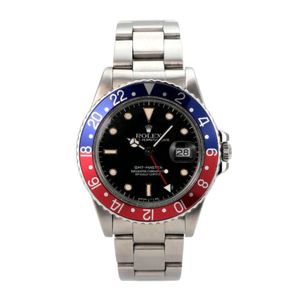 Rolex GMT Master Pepsi Ref. 16750 mit schwarzem Zifferblatt und Edelstahlband, ikonische Pepsi-Lünette