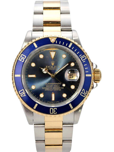 Rolex Submariner Date 16803 mit gelbgoldener Lünette, blauem Zifferblatt und Edelstahl-Gelbgold-Armband.