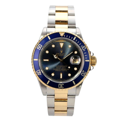 Rolex Submariner Date 16803 mit blauem Zifferblatt und Edelstahl-Gelbgold-Armband aus 1986.
