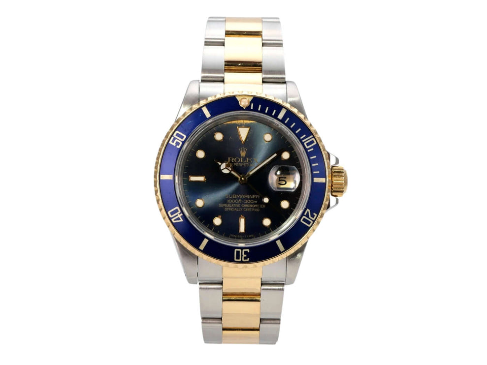 Rolex Submariner Date 16803 mit blauem Zifferblatt und Edelstahl-Gelbgold-Armband aus 1986.