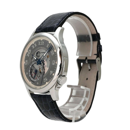 Chopard L.U.C. 168490-3002 Edelstahlgehäuse mit blauem Lederband und skelettiertem Zifferblatt.