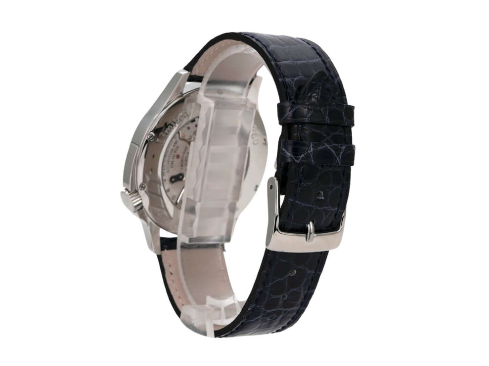 Chopard L.U.C. 168490-3002 seitliche Ansicht der Uhr mit blauem Lederband und offenem Gehäuse