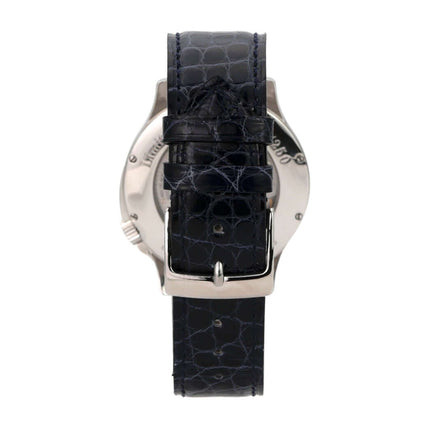 Chopard L.U.C. 168490-3002 Rückansicht mit schwarzem Lederarmband und Edelstahlgehäuse.