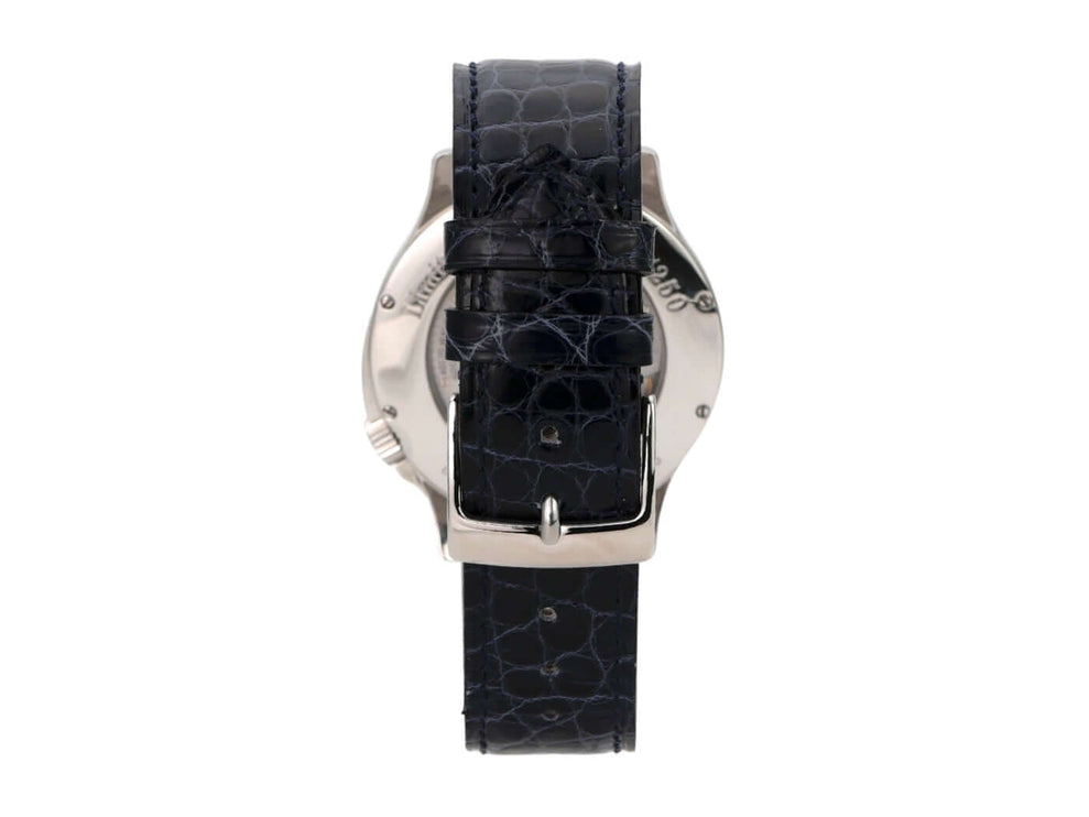 Chopard L.U.C. 168490-3002 Rückansicht mit schwarzem Lederarmband und Edelstahlgehäuse.