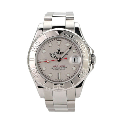 Rolex Yacht-Master 35 Edelstahl Platin 168622, poliertes Edelstahlgehäuse, Platinlünette, sportliche Luxusuhr.