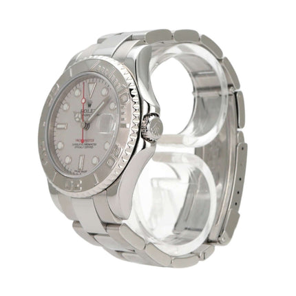 Rolex Yacht-Master 35 Edelstahl Platin 168622, poliertes und satiniertes Gehäuse, drehbare Platinlünette, elegantes Design.