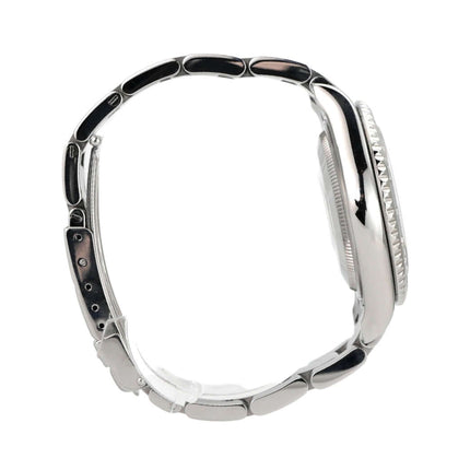 Rolex Yacht-Master 35 Edelstahl Platin 168622 seitliche Ansicht des Armbands und Gehäuses aus Edelstahl.