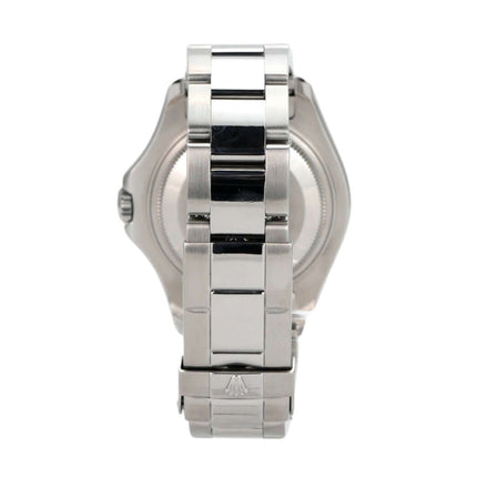 Rolex Yacht-Master 35 Edelstahl Platin Ref. 168622, Ansicht von hinten mit Oyster Armband, poliert und satiniert.
