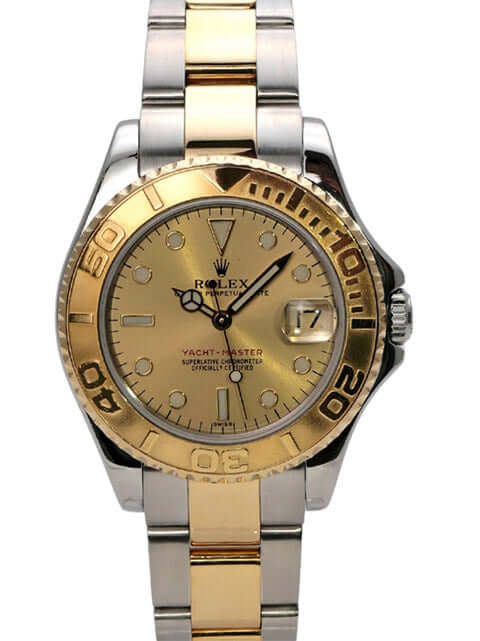 Detailansicht der Rolex Yacht-Master 35 Edelstahl Gelbgold 168623 Champagner mit champagnerfarbenem Zifferblatt.