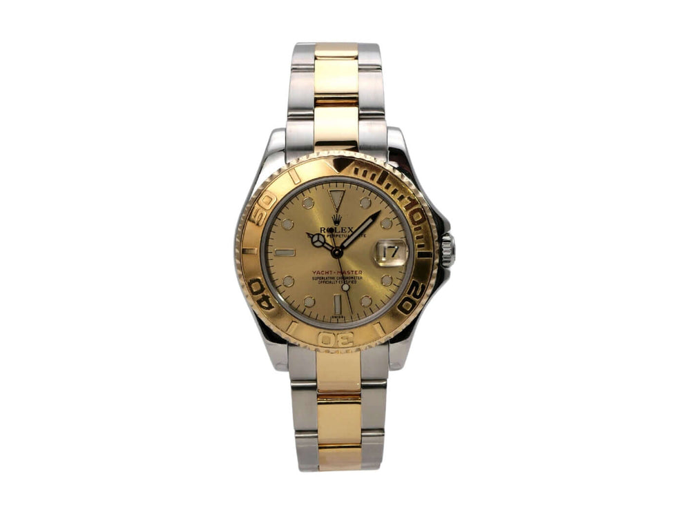 Seitenansicht der Rolex Yacht-Master 35 Edelstahl Gelbgold 168623 Champagner, zeigt die einseitig drehbare Lünette aus 18 kt Gelbgold.