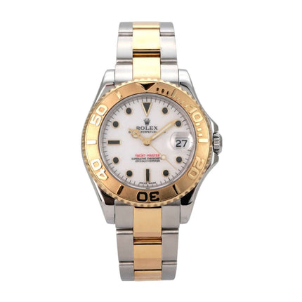 Rolex Yacht-Master 35 Edelstahl Gelbgold 168623 Weiß Uhr mit weißem Zifferblatt und drehbarer Lünette.