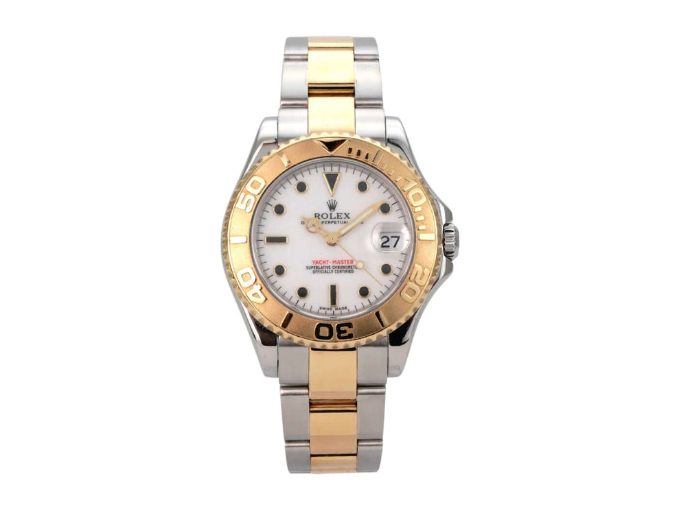 Rolex Yacht-Master 35 Edelstahl Gelbgold 168623 Weiß Uhr mit weißem Zifferblatt und drehbarer Lünette.