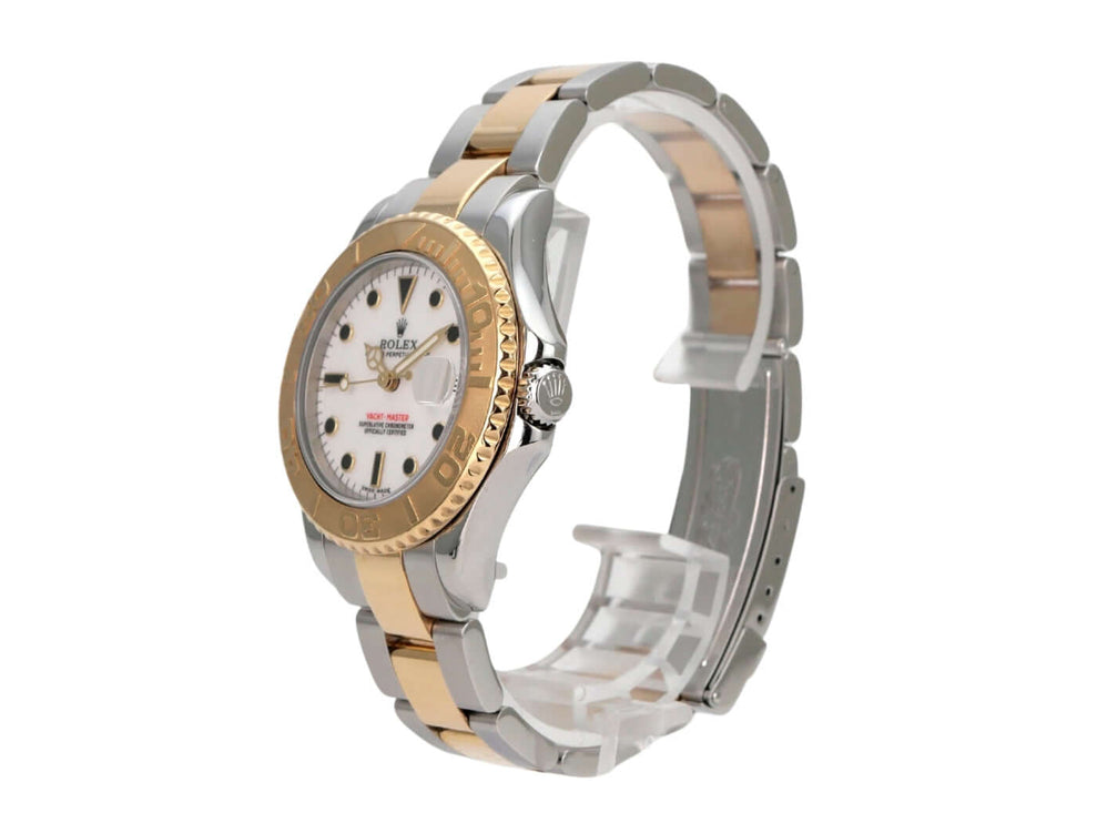 Rolex Yacht-Master 35 Edelstahl Gelbgold 168623 Weiß seitliche Ansicht mit poliertem Edelstahl und 18 kt Gelbgold