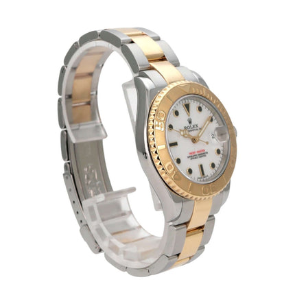 Rolex Yacht-Master 35 Edelstahl Gelbgold 168623 Weiß mit weißem Zifferblatt und drehbarer Lünette.