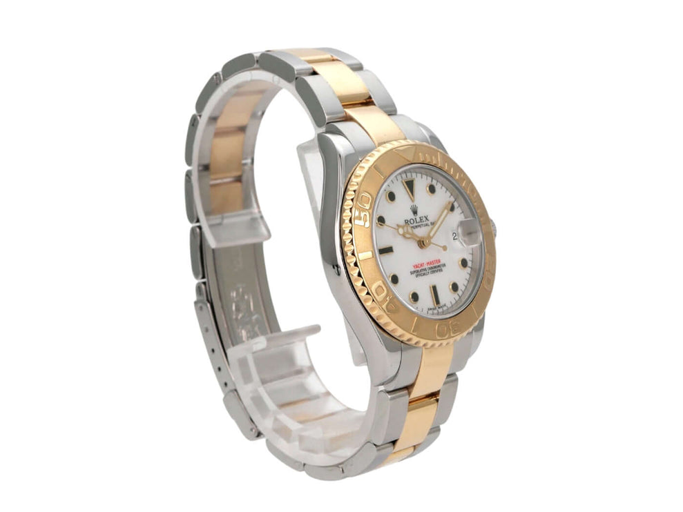 Rolex Yacht-Master 35 Edelstahl Gelbgold 168623 Weiß mit weißem Zifferblatt und drehbarer Lünette.