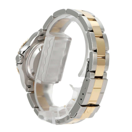 Rolex Yachtmaster Edelstahl und 18kt Gelbgold Armband seitliche Ansicht, poliertes und satiniertes Design.