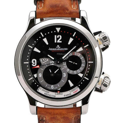 Jaeger-LeCoultre Master Compressor Geographic GMT 1718470 mit braunem Lederband und schwarzem Zifferblatt