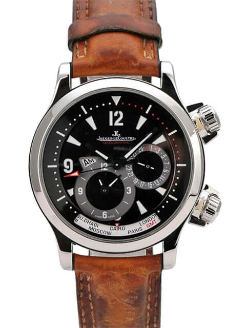 Jaeger-LeCoultre Master Compressor Geographic GMT 1718470 mit braunem Lederband und schwarzem Zifferblatt