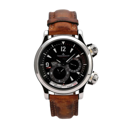 Jaeger-LeCoultre Master Compressor Geographic GMT 1718470 mit braunem Lederband und schwarzem Zifferblatt.
