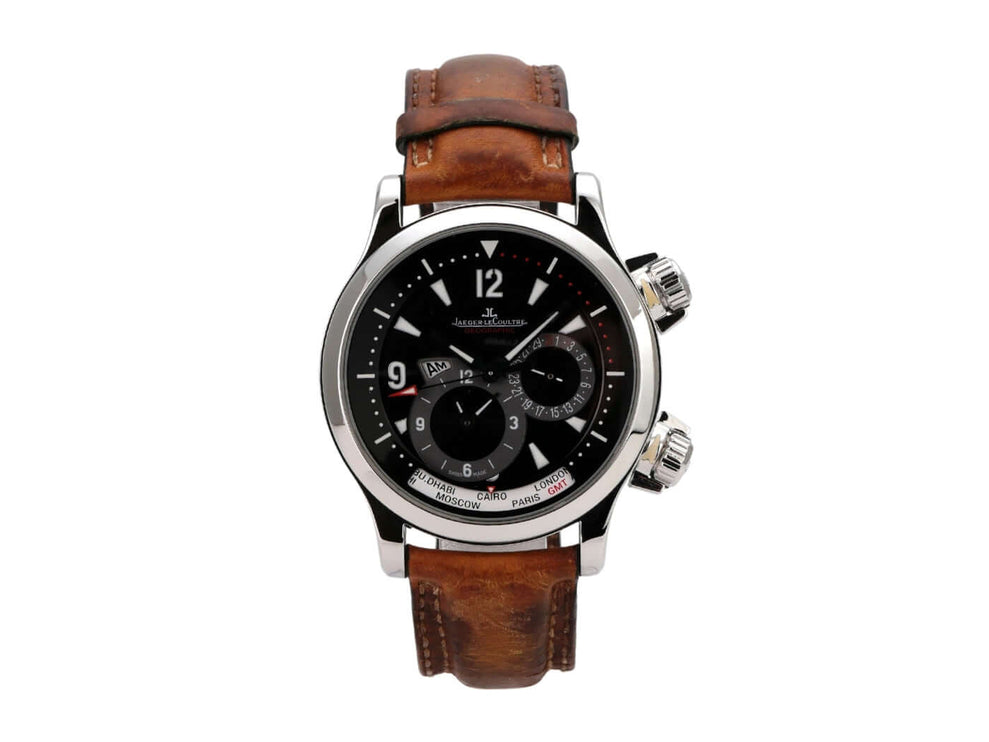 Jaeger-LeCoultre Master Compressor Geographic GMT 1718470 mit braunem Lederband und schwarzem Zifferblatt.