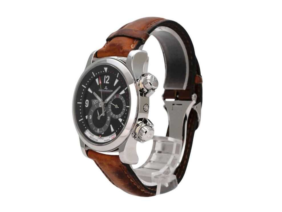 Jaeger-LeCoultre Master Compressor Geographic GMT 1718470 mit braunem Lederband und schwarzem Zifferblatt.