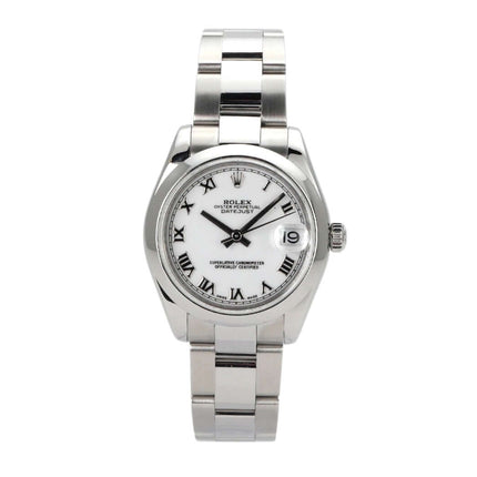 Rolex Datejust 31 Edelstahl 178240 mit weißem Zifferblatt und römischen Ziffern, automatisches Uhrwerk, elegantes Design.