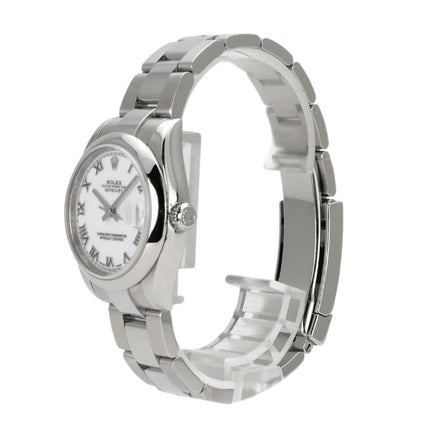 Rolex Datejust 31 Edelstahl 178240 mit weißem Zifferblatt und römischen Ziffern, seitliche Ansicht der Uhr.