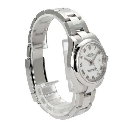 Rolex Datejust 31 Edelstahl 178240 mit weißem Zifferblatt und römischen Ziffern, elegantes Design und Automatikwerk.