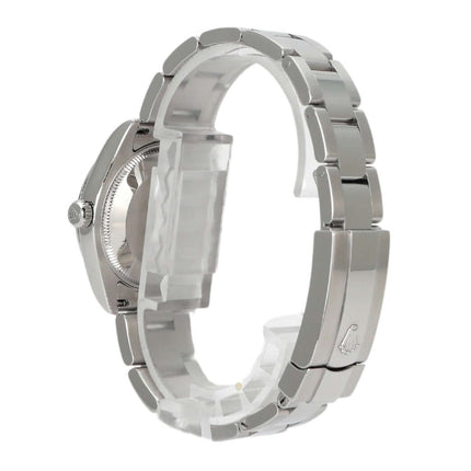 Rolex Datejust 31 Edelstahl 178240 seitliche Ansicht mit poliertem und satiniertem Armband und verschraubter Krone.