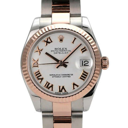Rolex Datejust 31 Ref. 178271 mit weißem Zifferblatt und römischen Ziffern, Edelstahl und Everose-Gold Armband.