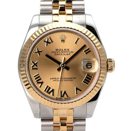 Rolex Datejust 31 Edelstahl Gelbgold 178273 Champagner Römisch Jubile-Band mit Zifferblatt und goldenen Ziffern.