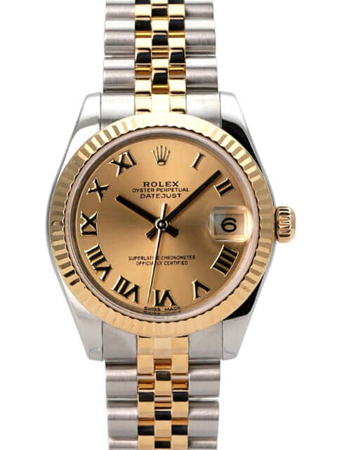 Rolex Datejust 31 Edelstahl Gelbgold 178273 Champagner Römisch Jubile-Band mit Zifferblatt und goldenen Ziffern.
