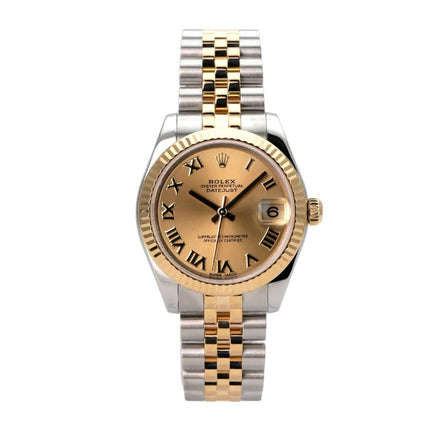 Rolex Datejust 31 Edelstahl Gelbgold 178273 Champagner Römisch Jubile-Band auf einem weißen Hintergrund.