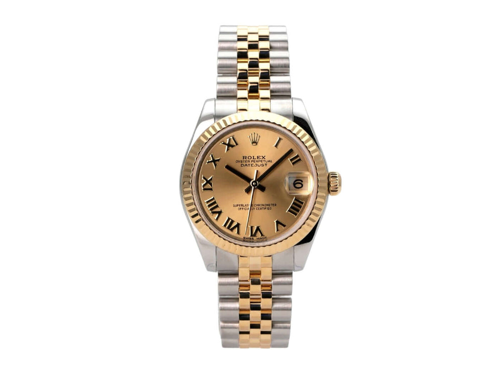 Rolex Datejust 31 Edelstahl Gelbgold 178273 Champagner Römisch Jubile-Band auf einem weißen Hintergrund.